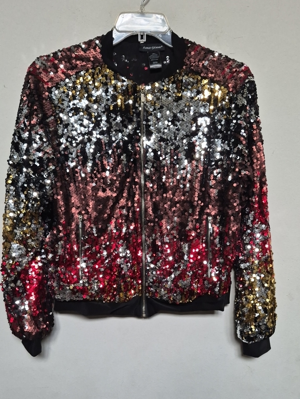 Ashley Stewart Sequin Ombre Bomber Jacket in Red, Gold Silver and Black Sz 22/24